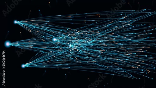 Blue glowing network lines with bright dots forming a dense interconnected pattern on dark background