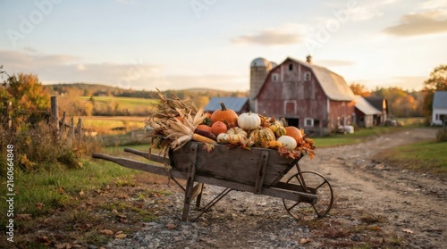 Realistic Photo Rustic Wheelbarrow Pumpkins Dried Cornstalks Farmyard Golden Hour Blurred Barn Field


