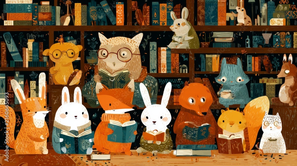 Naklejka premium Diverse woodland animals gathered in cozy treehouse library, fox wearing glasses reading science book, bear cub taking notes, rabbits studying mathematics together, squirrel organizing bookshelf, owl