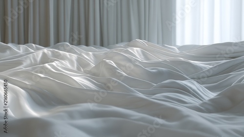 Detailed view of snow-white polyester sheets with dramatic folds and pleats, fabric appearing to flow like liquid across bed surface, reflective quality capturing ambient light from bedroom window,
