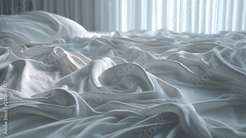 Detailed view of snow-white polyester sheets with dramatic folds and pleats, fabric appearing to flow like liquid across bed surface, reflective quality capturing ambient light from bedroom window,