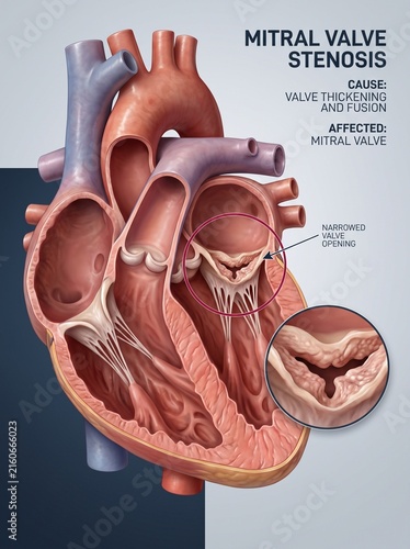 Medical illustration of human heart anatomy showing mitral valve stenosis with narrowed valve opening