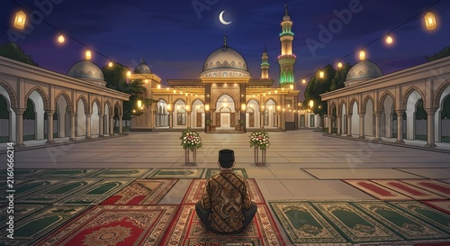 A symmetrical horizontal illustration featuring a Muslim man in a traditional patterned shirt sitting in solitary meditation on an ornate prayer rug in a grand mosque courtyard.