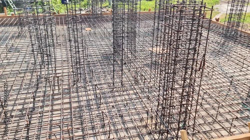 Heavy Duty Steel Rebar Reinforcement for Mat Foundation and Concrete Columns at Construction Site