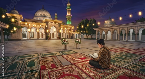 An angled perspective illustration of a Muslim man wearing a peci cap and batik shirt seated on decorative prayer carpets, reading the Quran outdoors in a spacious mosque courtyard. String lights glow