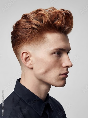 Side profile of a young man with a stylish red haircut