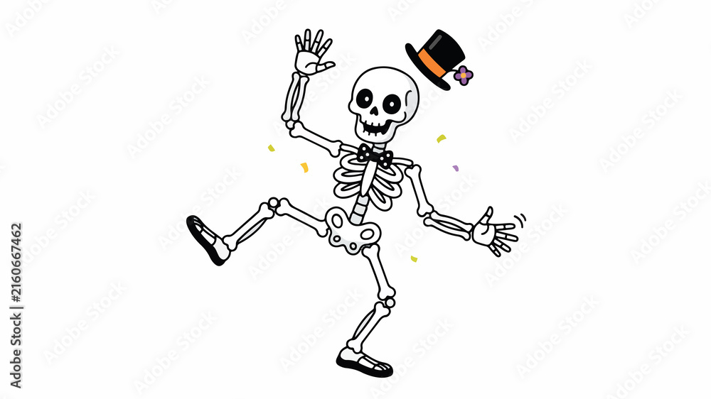 Fototapeta premium Funny cartoon skeleton dancing with a top hat and bowtie for Halloween celebration graphic design