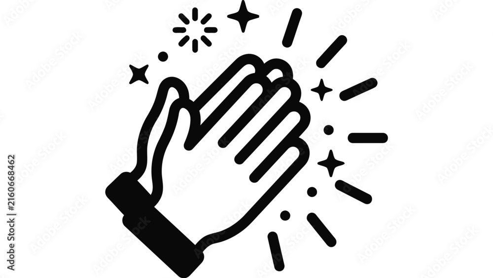 Fototapeta premium Black and white vector illustration of clapping hands with sparkles.