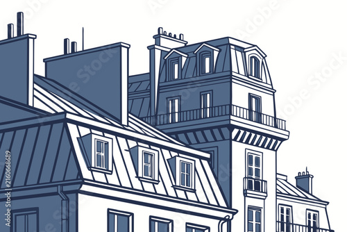 Parisian apartment buildings featuring traditional mansard roofs and architectural details rendered in a clean flat blue and white vector illustration style
