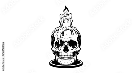 A hand drawn graphic of a human skull featuring melting wax and a burning candle on top creating a spooky gothic artwork for tattoo designs and apparel prints with scary Halloween themes