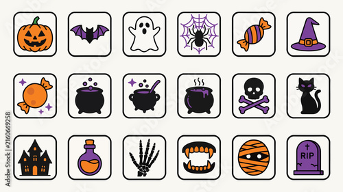 Halloween icon set with spooky vector elements including pumpkin, ghost, skull, and witch hat