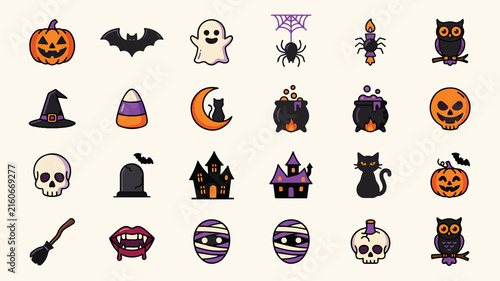 Cute and spooky Halloween vector icons set featuring pumpkins, ghosts, bats, and witches for design