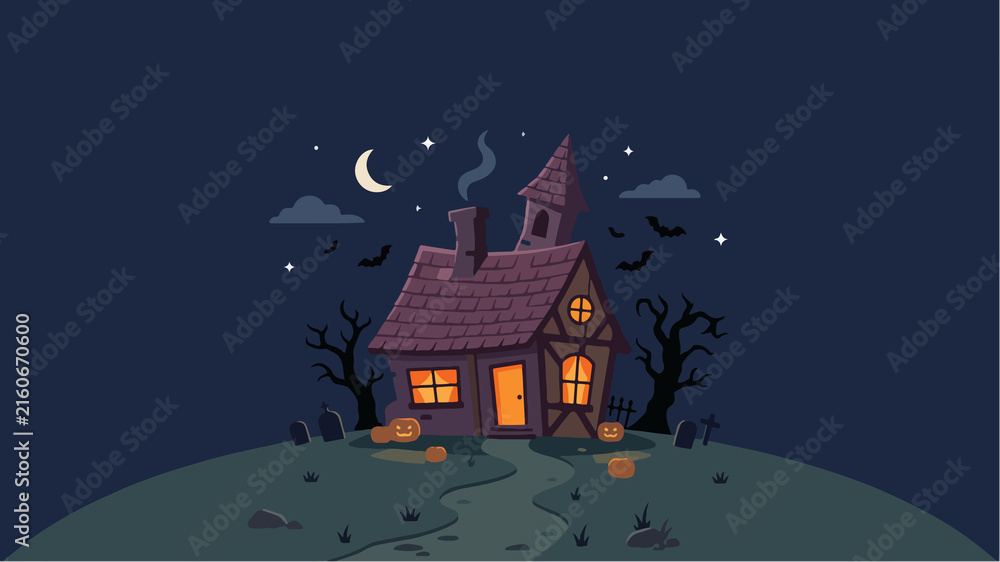 Naklejka premium Spooky Haunted House Illustration with Glowing Windows, Bats, and Crescent Moon in a Dark Night Halloween Scene