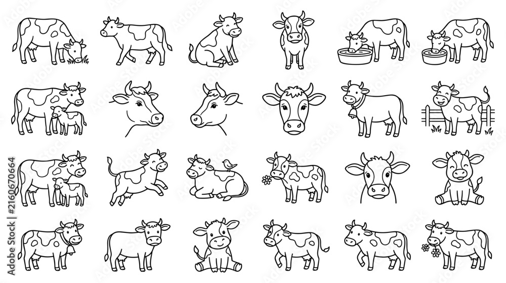 Obraz premium Cute Cow and Calf Line Art Collection with Hand Drawn Farm Animal Outline Illustrations for Coloring Pages, Stickers, Icons, and Designs