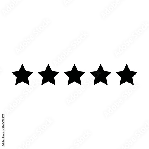 Foto Five black stars in a row on white background, rating symbol for reviews and fee