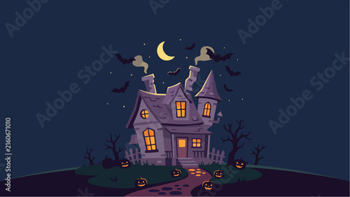 Spooky Haunted House with Pumpkins and Bats under a Crescent Moon for Halloween Night Illustration