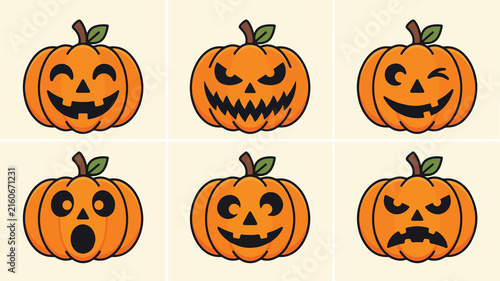 Set of six Halloween pumpkin illustrations featuring various expressive jack-o'-lantern faces with different emotional expressions