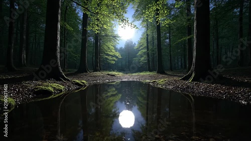 Sunlight breaking through forest canopy over a calm reflective pond