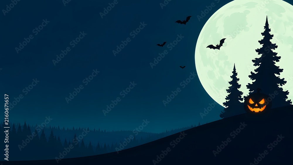 Fototapeta premium A spooky and enchanting halloween night scene with a glowing jack o' lantern silhouetted trees a full moon and flying bats creates a festive and