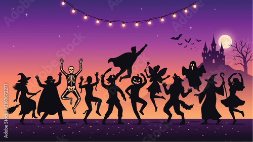 Halloween party vector illustration of people in spooky costumes dancing under the full moon at night