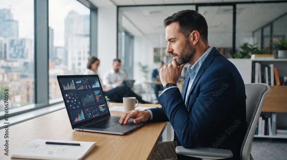 Obraz premium Professional man analysing career development charts on laptop in modern office