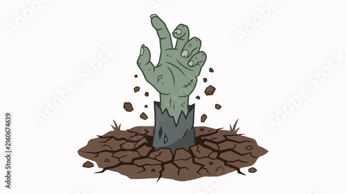 Green Zombie Hand Emerging from Cracked Earth Illustration for Halloween Horror Concept