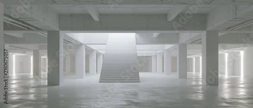 Panel kuchenny z motywem White industrial interior with broad staircase, concrete column, skylight, and reflective floor creating spacious minimalist architectural scene