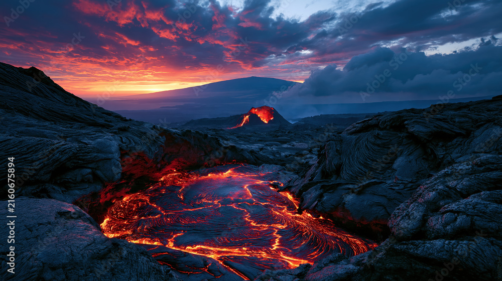 Fototapeta premium Lava field at sunset with volcano in distance and red hot pool glowing among dark volcanic rock under dramatic cloudscape
