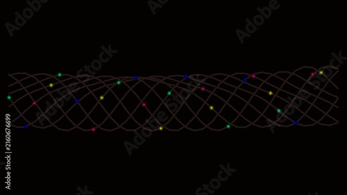 Flowing Colorful Data Nodes on Wavy Fiber Optic Mesh on Black – Abstract Network Data Stream & Tech Cable Background Loop