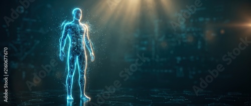 Human Body Hologram with Glowing Blue Lines and Light Rays.