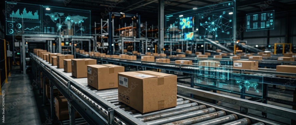 Fototapeta premium Automated Warehouse Conveyor System with Cardboard Boxes Moving Efficiently.