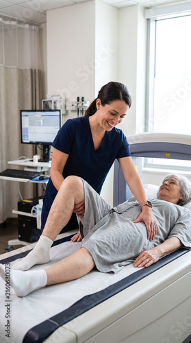 Smiling technologist positioning senior female patient on medical scanner table.