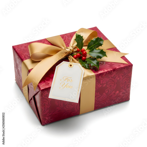 Elegant Christmas gift box wrapped in deep red patterned paper with a wide gold ribbon bow and festive holly berries with a blank gift tag attached