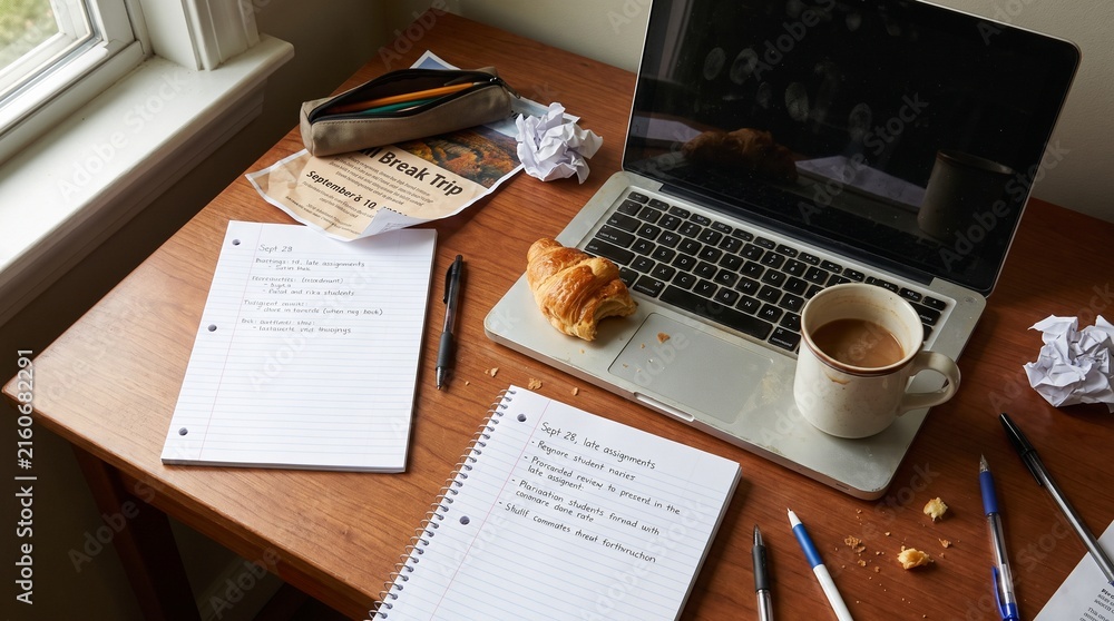 Obraz premium Messy desk workspace with laptop notebooks and coffee cup pen holder workspace