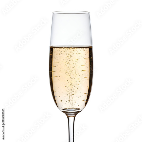 Single elegant flute glass filled with sparkling champagne isolated on white
