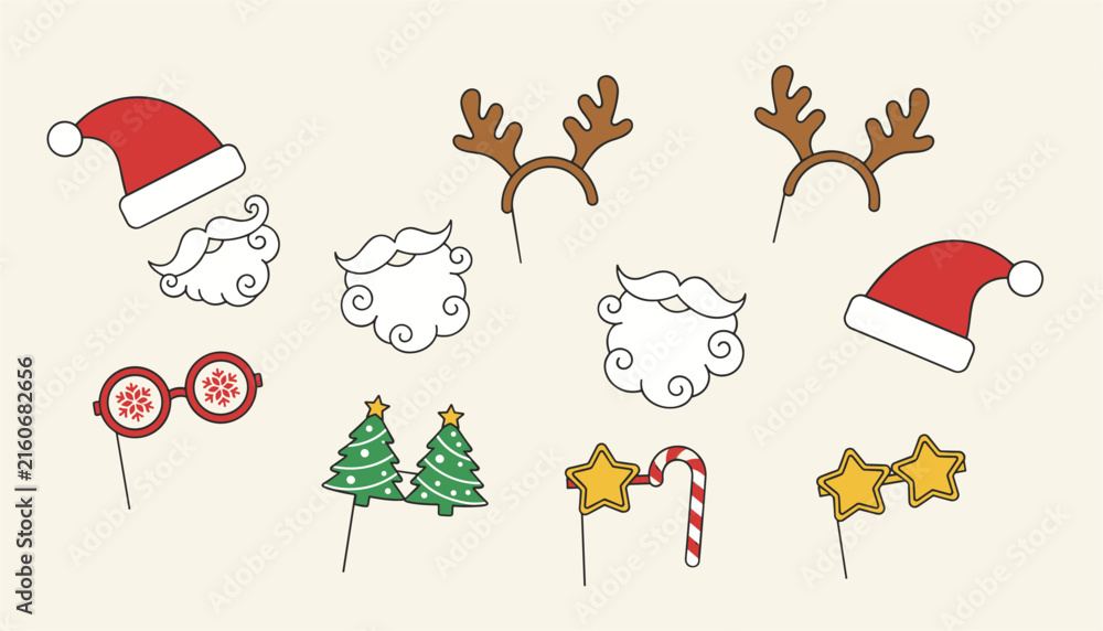 Fototapeta premium Collection of fun Christmas photo booth props including Santa hats, beards, reindeer antlers, and festive glasses.