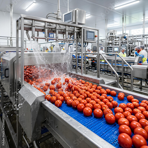 Industrial tomato washing process on a conveyor belt in a food processing plant