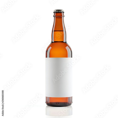 Brown glass beer bottle with blank white label isolated on white background