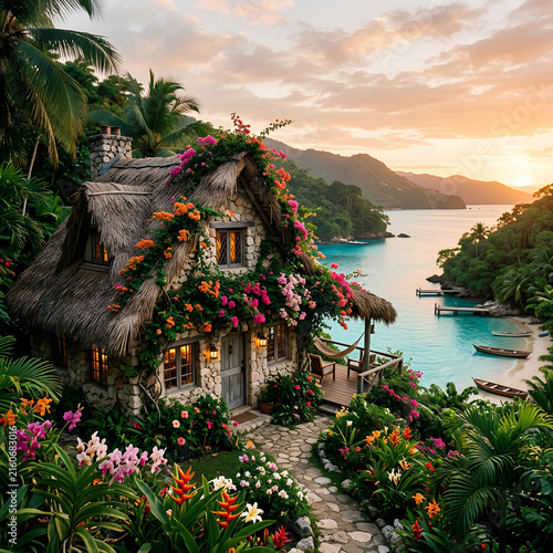 Idyllic tropical island cottage adorned with vibrant flowers overlooking a serene bay at sunset
