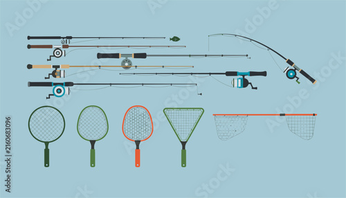 Set of professional fishing rods with reels and various types of landing nets isolated on a solid blue background.