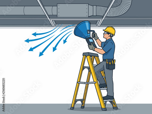 HVAC Maintenance: Technician Cleaning Air Ducts With Vacuum On Ladder, HVAC Service Worker Repairing Airflow System, Duct Cleaning Professional