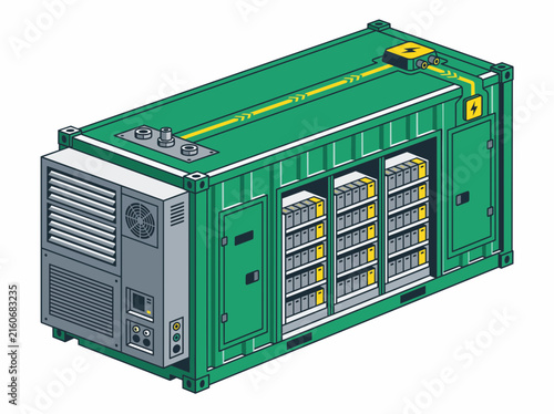 Green container server room vector illustration, modular data center, outdoor server cabinet, isometric IT infrastructure illustration