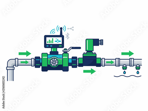 Smart water meter with valve, digital display and wireless sensor, IoT pipe system diagram, flow monitoring concept illustration, industrial gauge equipment vector
