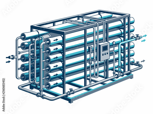 Industrial Water Treatment Plant Isometric Illustration Vector, Reverse Osmosis Filtration System Technical Diagram, Chemical Purification Machine Blueprint