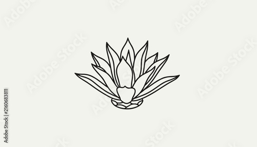 Simple black and white line art illustration of a succulent plant or agave isolated on a light cream background.