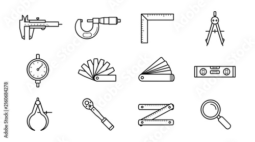 Bild auf Leinwand Precision Measuring and Engineering Hand Tools Outline Icon Set Featuring Vernie