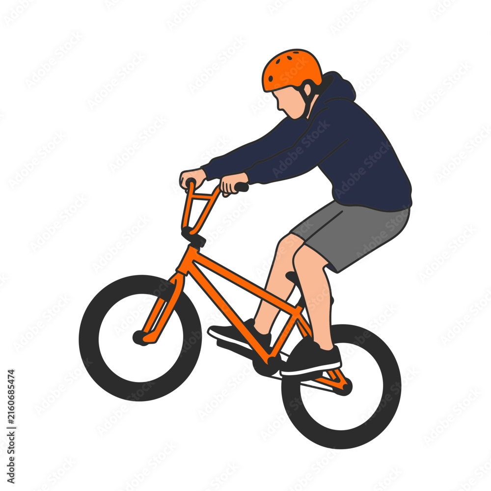 Fototapeta premium BMX rider wearing orange helmet performing wheelie stunt on bicycle, isolated flat vector illustration for sports concepts