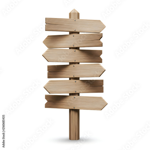 Blank wooden signpost with multiple arrows isolated on white background for wayfinding and directional navigation concepts in travel and marketing