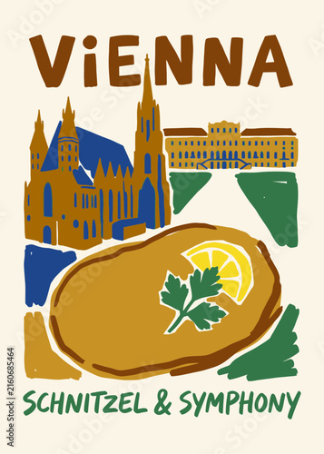 Obraz na plátne Vienna Travel Poster featuring Schnitzel and Cathedral in a Modern Retro Art Sty