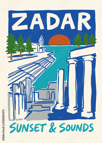 Zadar Croatia Travel Poster with Sea Organ and Sunset, Retro Mediterranean Vacation Art